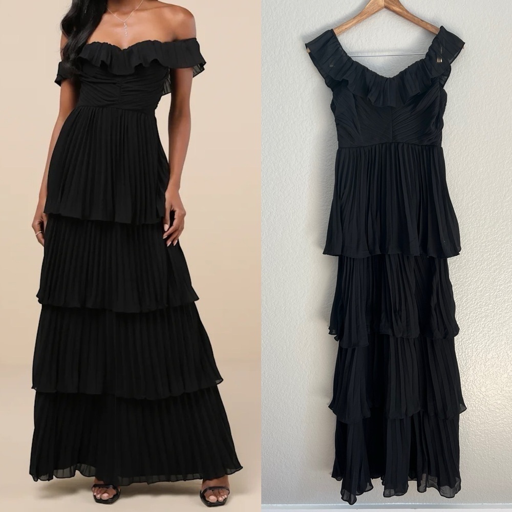 Always Remarkable Black Pleated Off-the-Shoulder Maxi Dress